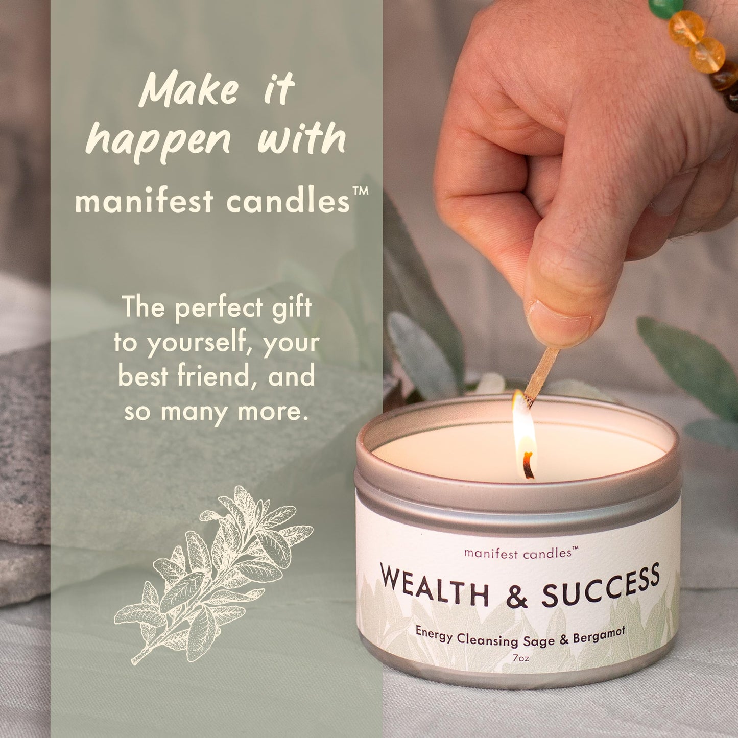 Manifest Sage & Bergamot Money Candle, 45 Hour Burn, Manifestation Bracelet, Protection Candle for Negative Energy, Abundance Candles, Intention Spiritual Candles for Positive Energy