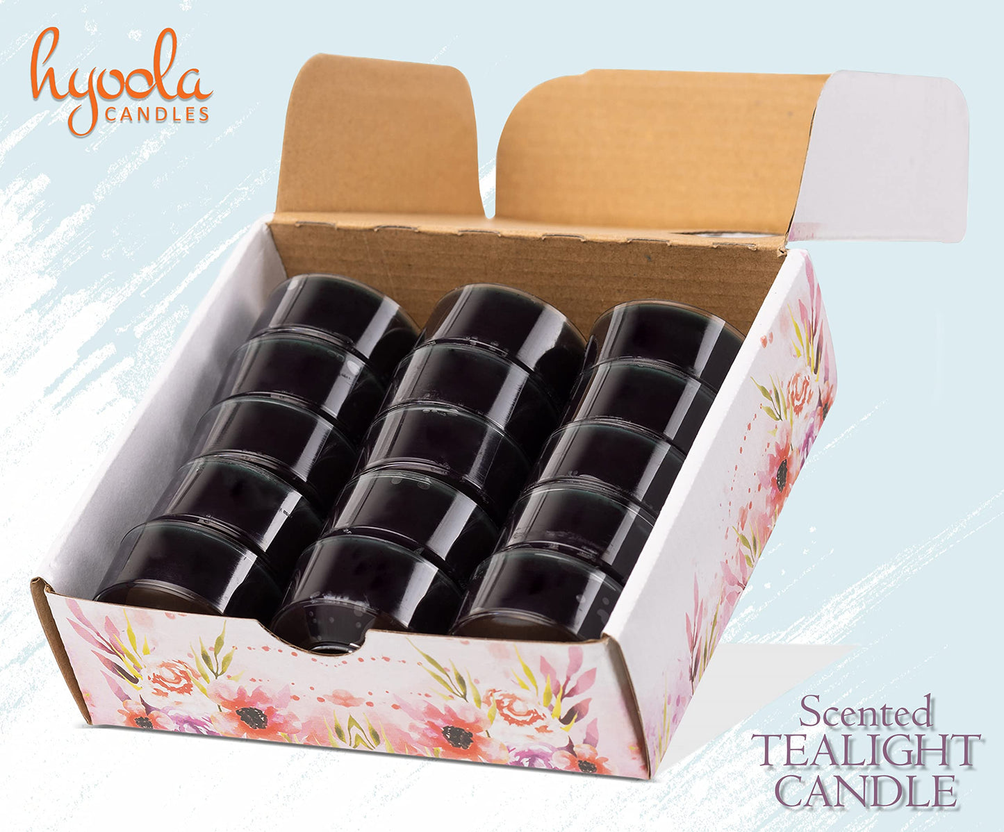 HYOOLA Scented Tealight Candles - Clear Cup - Black Tealight Candles Scented - 6 Hour Burn Time - 15 Pack - European Made