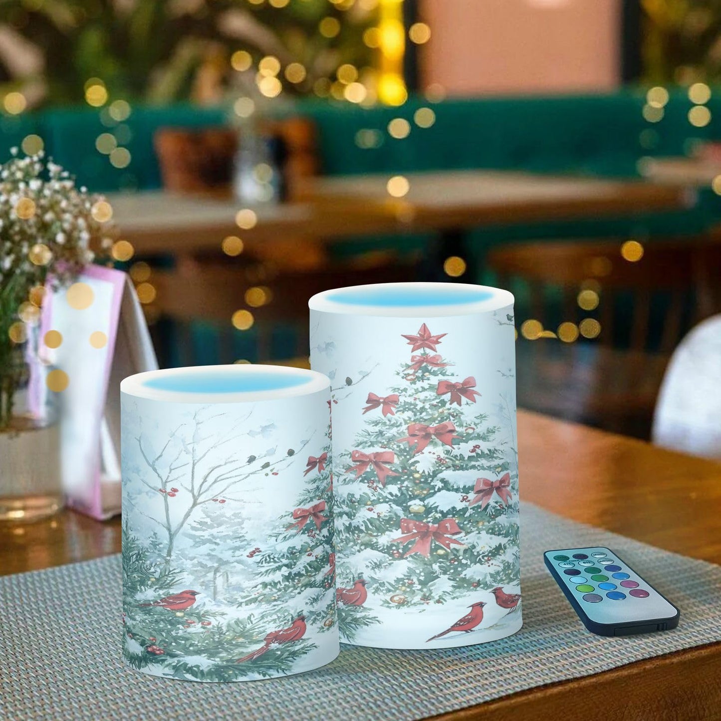 ALAZA Flickering Flameless Candles with Christmas Tree Red Birds Battery Operated with Remote Timer,Tea Light Candles LED Pillar Votive Candles Set of 2 for Outdoor Indoor Decorations