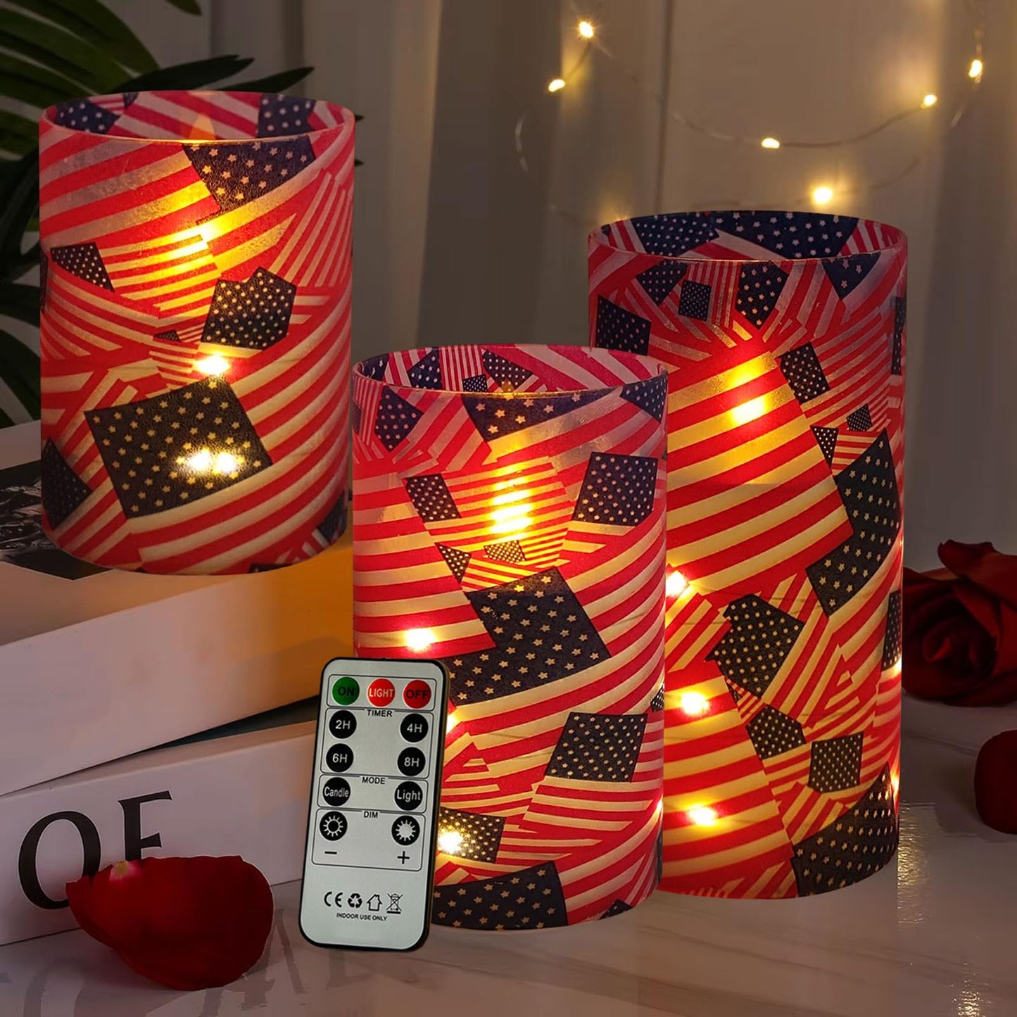 NJAO HOO Flickering Flameless Candles, LED Candles 3D Wick Acrylic Battery Operated LED Pillar Candles with Remote and Timer for Day 4th of July Decor Set of 3(American Flag)