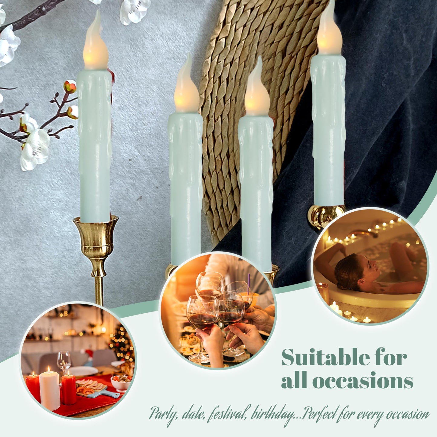 FCMSHAMD Blue Flameless Short Taper Candles, Real Wax Hand Dipped LED Battery Operated with Remote, Flickering Flame Lights for Festival Party Home Décor, 6.7 Inch Primitive Flameless Candles, 4PCS
