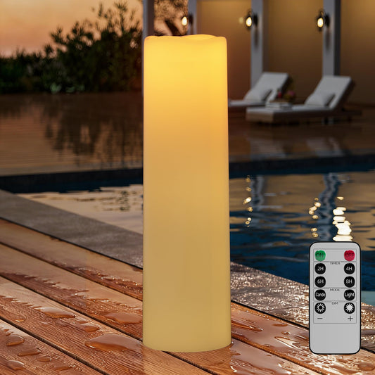 14"×4" Large Outdoor Flameless Candles with Remote Waterproof Battery Operated Candles with Timer LED Pillar Candles Flicking for Home Decoration Porch Wedding Fireplace Lantern, Ivory-Yellow