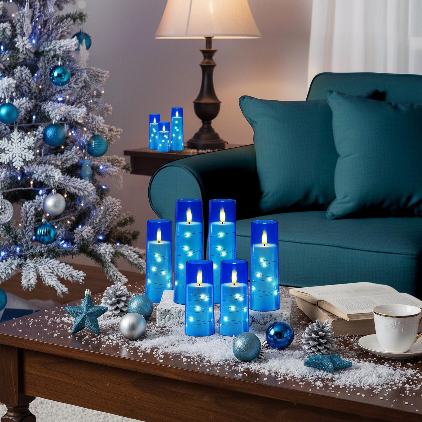 Raycare Independence Day Flameless Candle with Remote Timer – 9 Flickering Acrylic Battery Operated LED Pillar Candles with Embedded Star String for 4th of July Home Patriotic Decor, as a Gift (Blue)