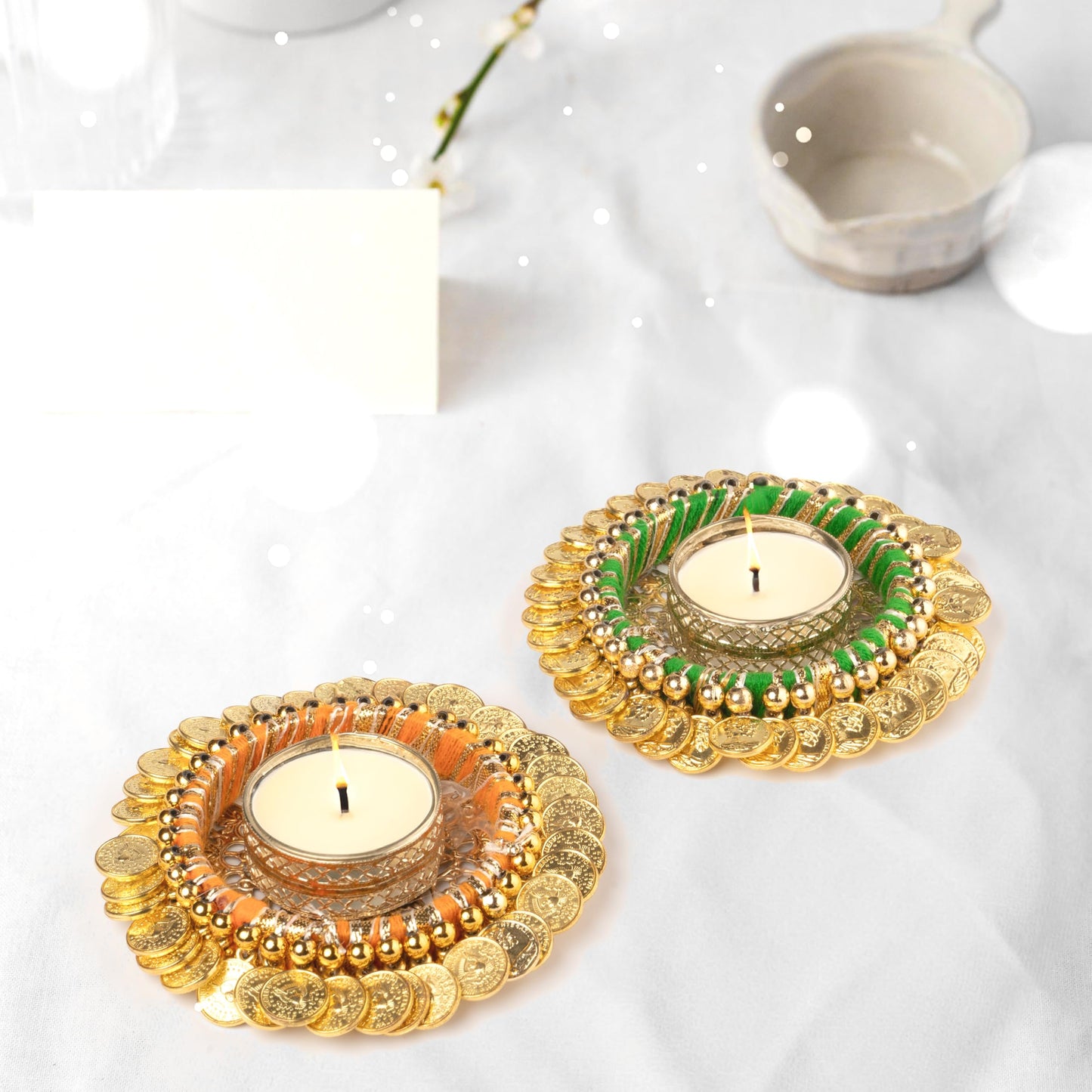 Handmade 2 pcs Tea Light Candle Holder Traditional Indian Decorative Lighting Accessories Centerpiece for Dining Table Office Home Festival Wedding Fuction and Gifting(Golden Set of 2)