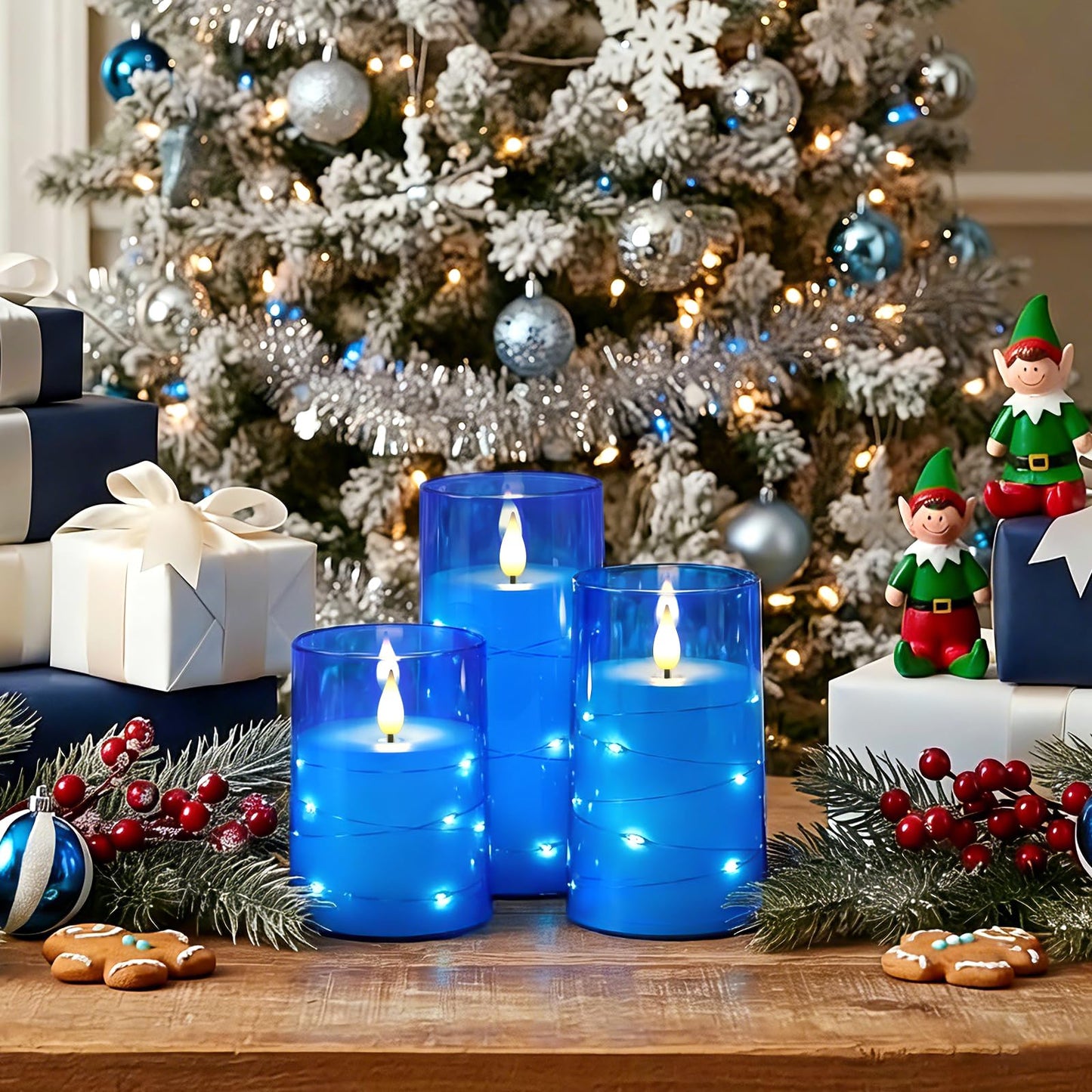 Homemory Flameless Candles with Embedded Star String Fairy Lights, Battery Operated Candles, LED Candle, Fake Candles with Remote Control and Timer, Blue, Set of 3(H 4" 5" 6”)