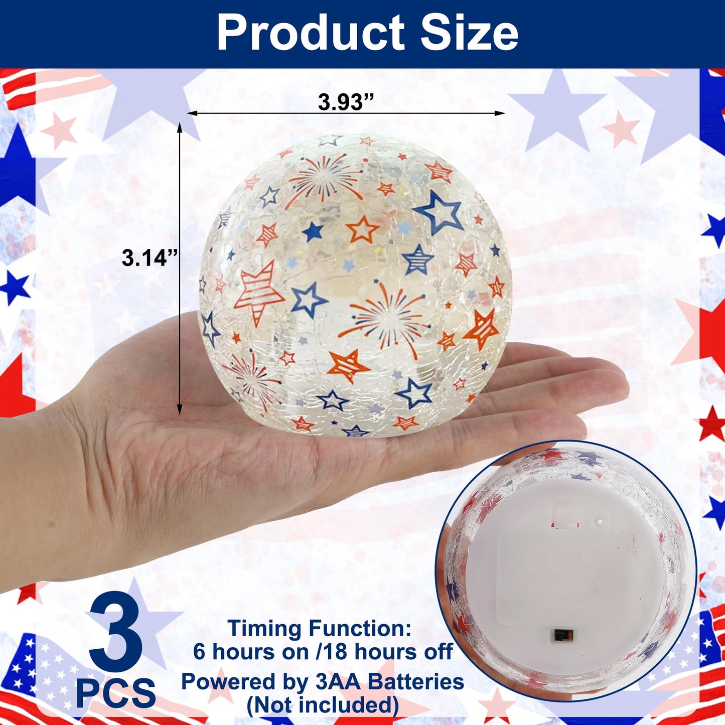 3PCS Independence Day Decorative Lights, 3.93-inch Independence Day Desktop Decoration LED Night Light, Cracked Glass Ball Light with Timer, 4th of July Decorations (Fireworks Pattern)