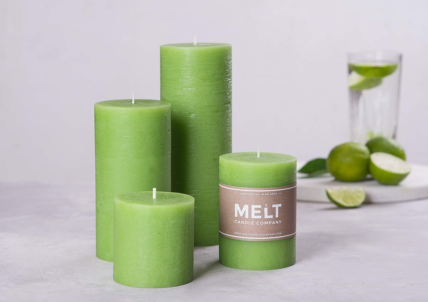 Melt Candle Company Set of 3 Pillar Candles 3" x 4" Unscented Handpoured Weddings, Home Decoration, Restaurants, Spa, Church Smokeless Cotton Wick - Green