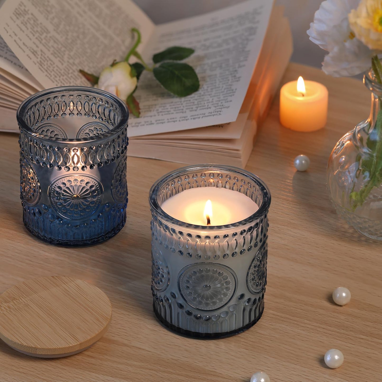 DARJEN 10 Pack Blue Candle Jars for Making Candles- 7.5 OZ Empty Glass Candle Making Jars with Bamboo Lids and Labels, Candle Making Supplies Candle Containers for DIY Gifts