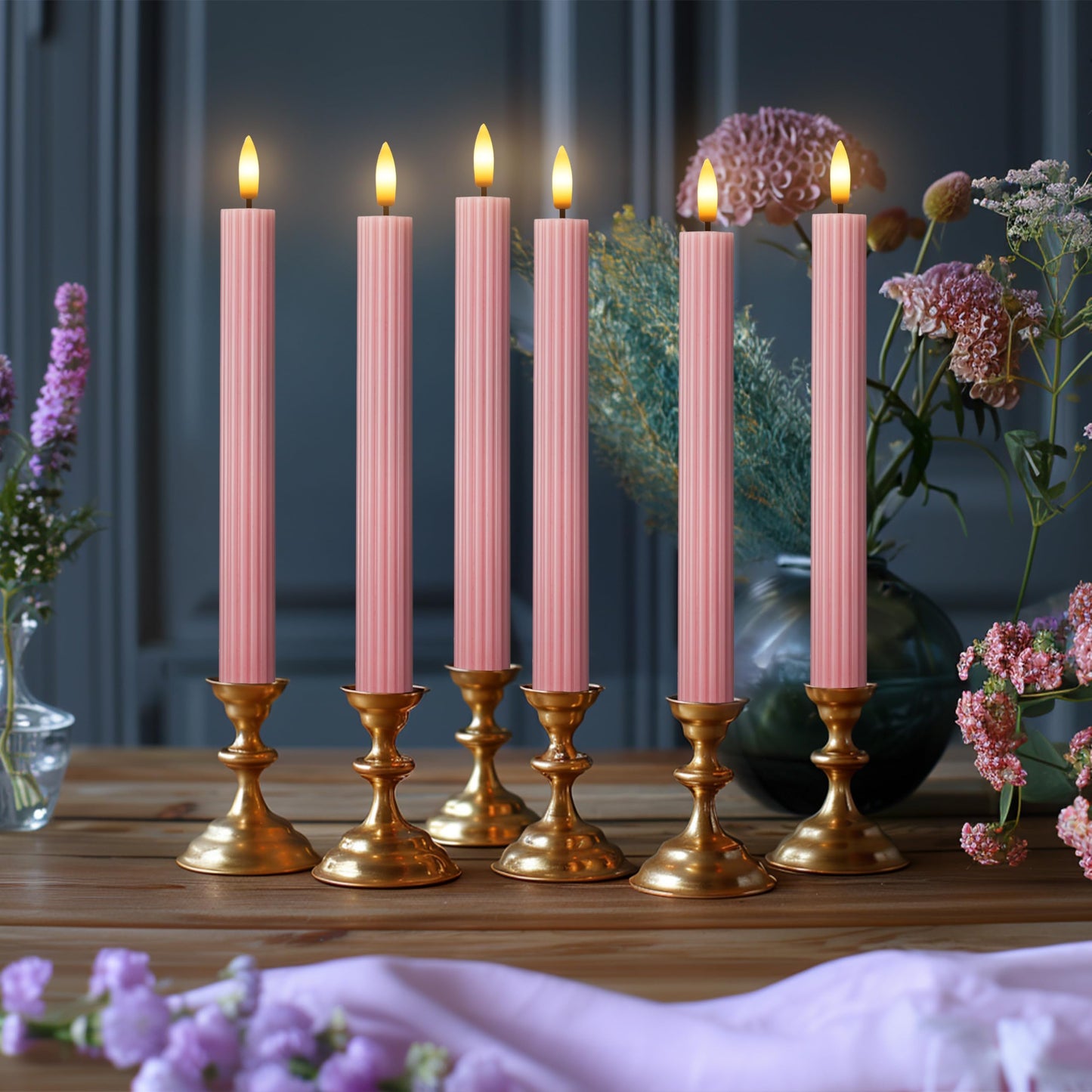West Ivory 6 Pack, 10" LED Flameless Dusty Rose Fluted Ribbed Grooved Taper Candles, Remote & 24h Timer Memory, On/Off Button, Dimmable, Flicker Mode, Battery Operated, Christmas Menorah Wedding