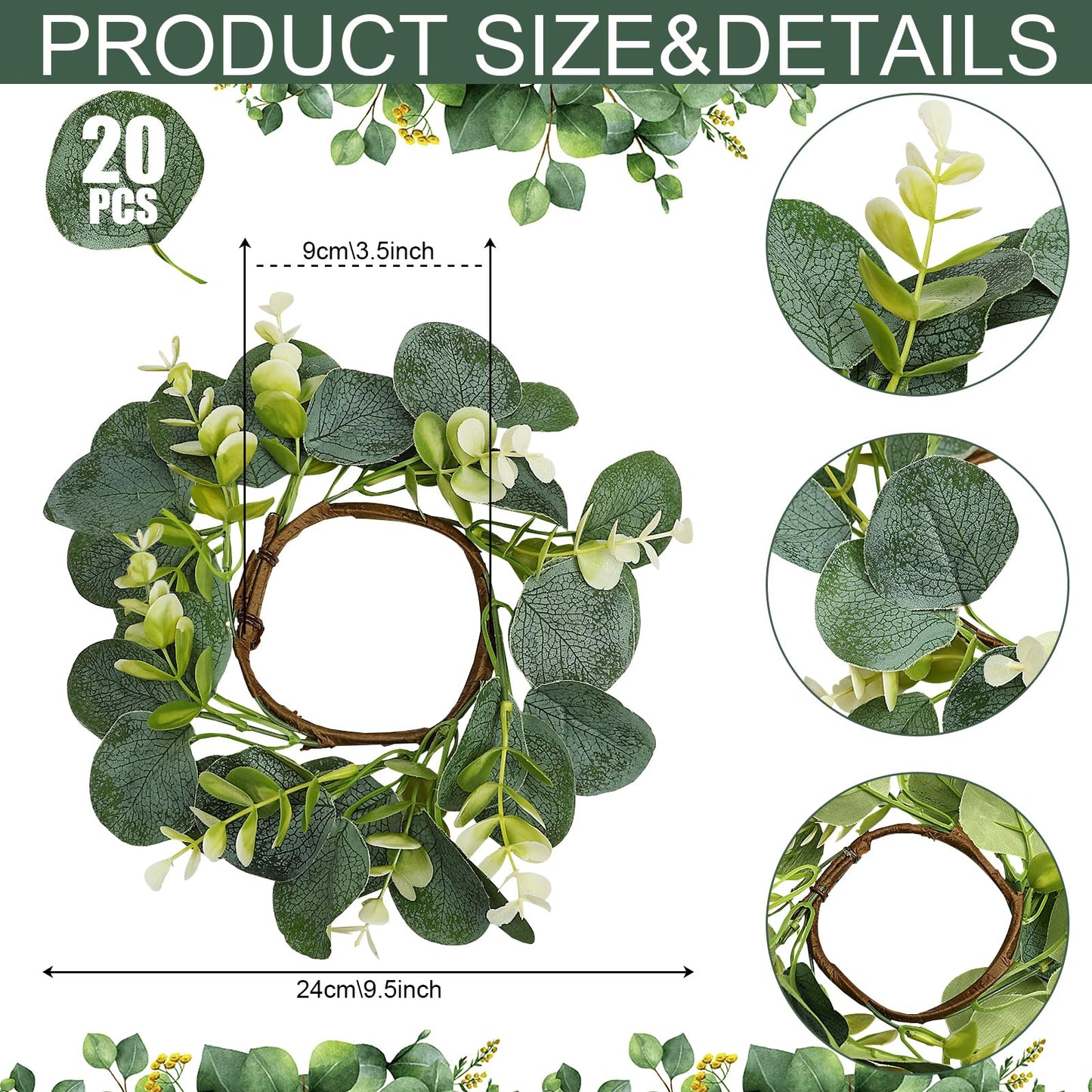 Tobilu 20 PCS Eucalyptus Candle Rings Wreaths - Artificial Greenery Wreath Green Leaves Pillar Candle Holder for Tabletop Wall Farmhouse Wedding Table Centerpieces Kitchen Home Decor