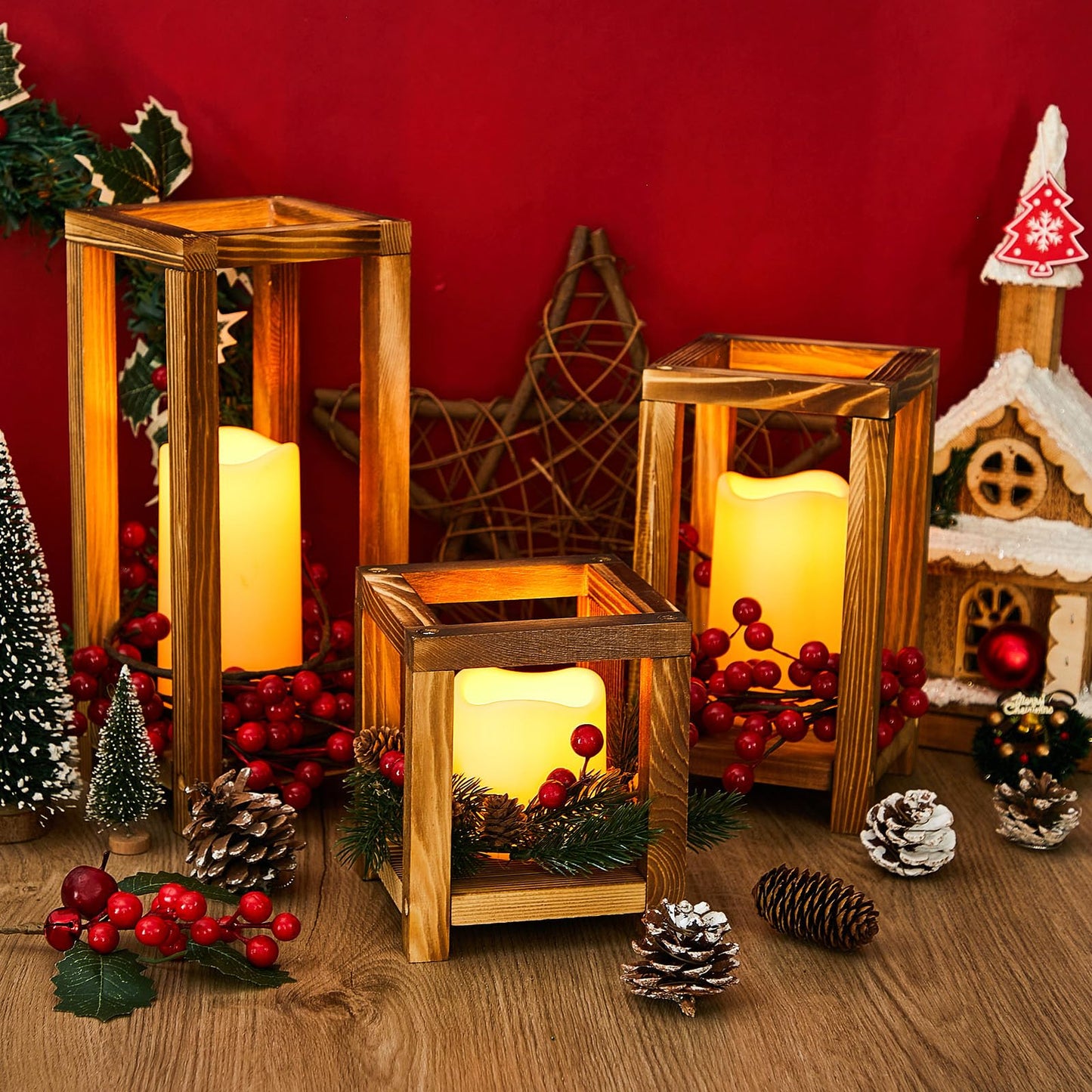 24 Pcs Wooden Candle Lantern Include 12 Wedding Lantern Centerpiece 12 Flameless Decorative Candles Holders Wedding Centerpieces for Tables Party Decor(Brown)