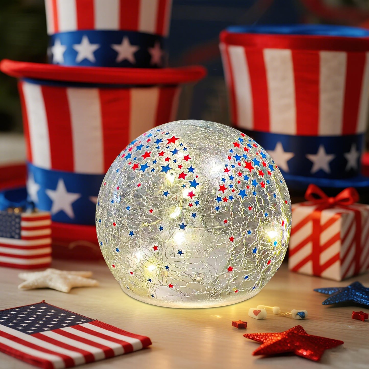 3PCS Independence Day Decorative Lights, 3.93-inch Independence Day Desktop Decoration LED Night Light, Cracked Glass Ball Light with Timer, 4th of July Decoration (Small Five-Pointed Star)