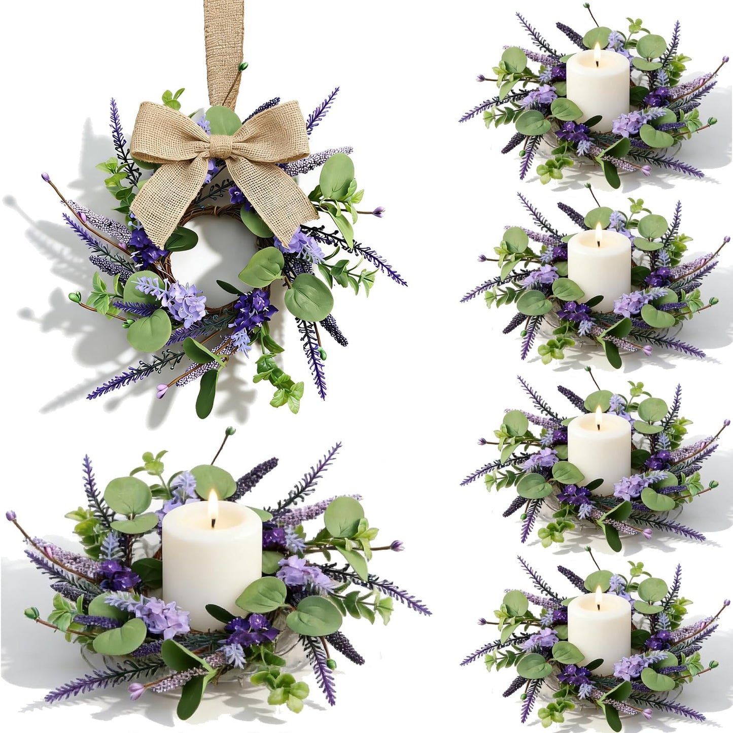 6 Pcs Small Lavender Candle Ring Wreaths Mini Pillar Candle Holder Wreath with Violet Hydrangea Flowers and Eucalyptus Leaves Artificial Spring Summer Wreath for Home Kitchen Table Cnterpieces