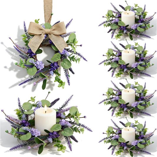 6 Pcs Small Lavender Candle Ring Wreaths Mini Pillar Candle Holder Wreath with Violet Hydrangea Flowers and Eucalyptus Leaves Artificial Spring Summer Wreath for Home Kitchen Table Cnterpieces