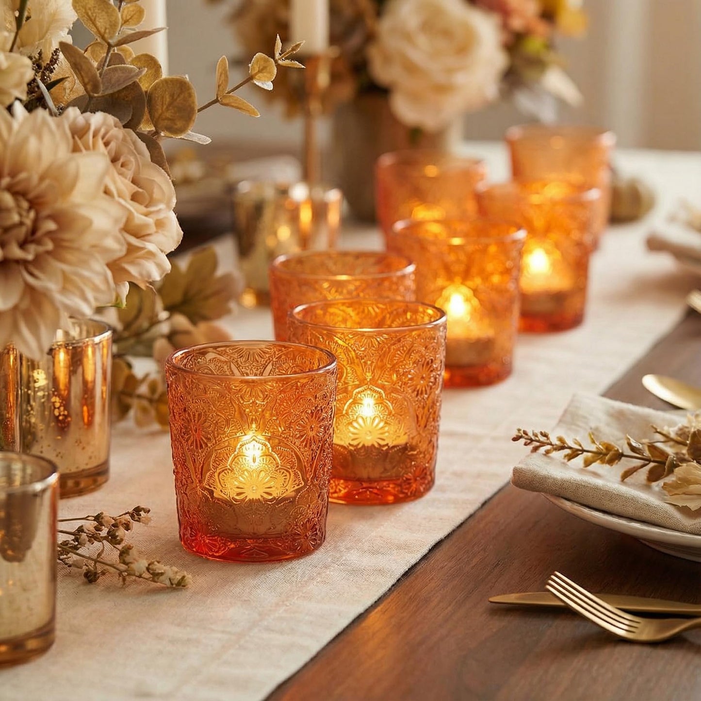 12 Pack Mandala Embossed Glass Candle Holders – Votive Tealight Holders with Patent Design, Decorative Embossed Glass Cups for Wedding Centerpieces, Parties, and Home Décor (Pumpkin Spice)
