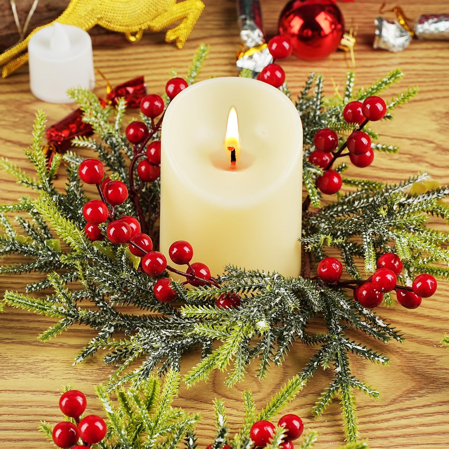 IWNTWY 6Pcs Christmas Candle Ring Wreaths, Artificial Red Berries Pine Branches Leaves Candle Rings for Pillars Candle Holder, Home Christmas Party Table Centerpiece Decoration