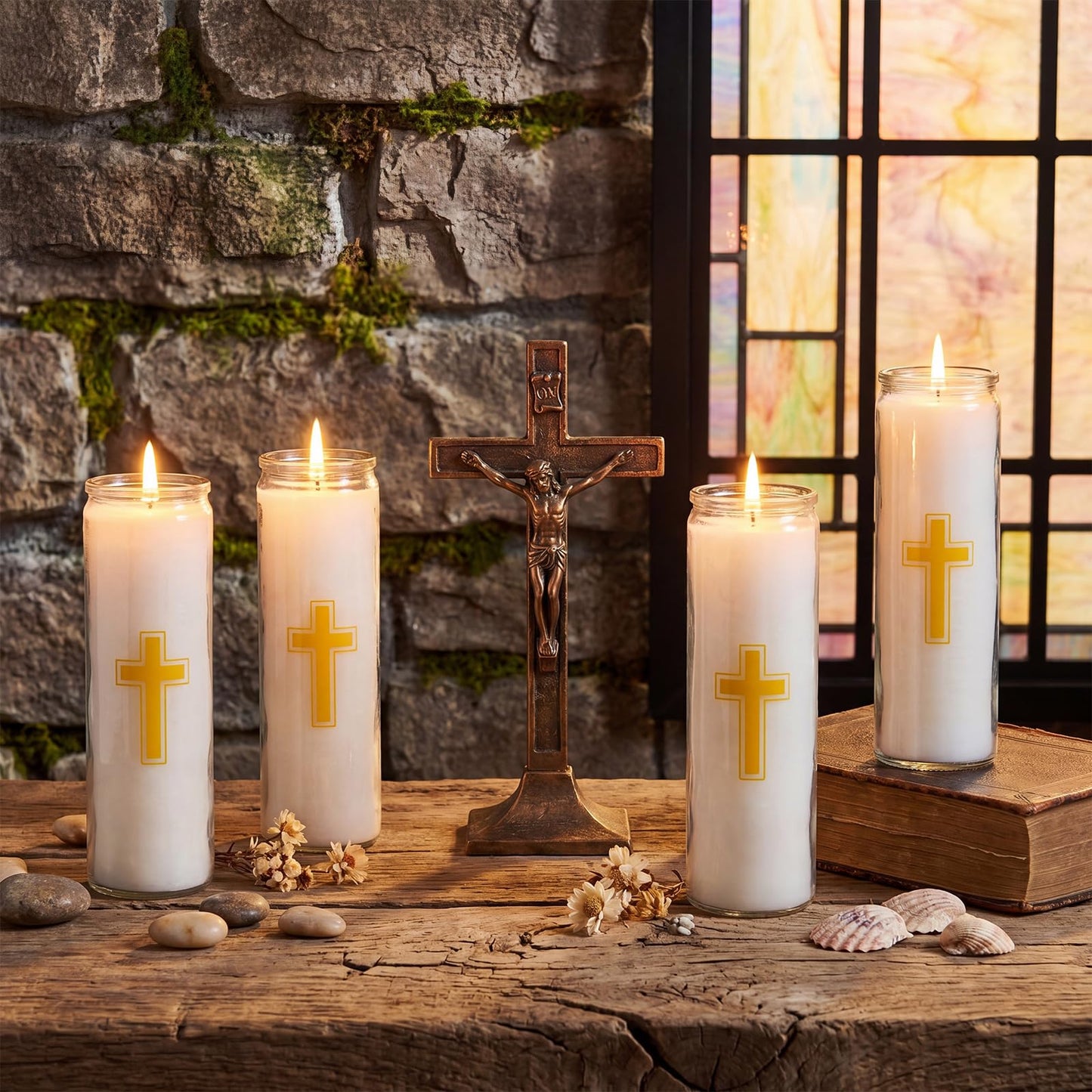 MTLEE 4 Pack Prayer Candles Clear Glass 9 Day Devotional Pillar Candles with 120 Hours Long Burn Time, Religious Candle Catholic for Memorials, Vigil, Meditation Church and Emergency Use