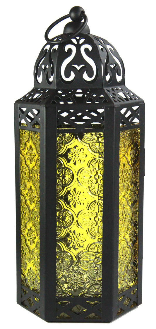 Vela Lanterns Decorative Indoor Candle Holder Table Centerpieces - Moroccan Hanging Outdoor Patio & Porch Home Decor, Turkish Lamp for Wedding, Ramadan (Medium 10.5", Yellow Glass)
