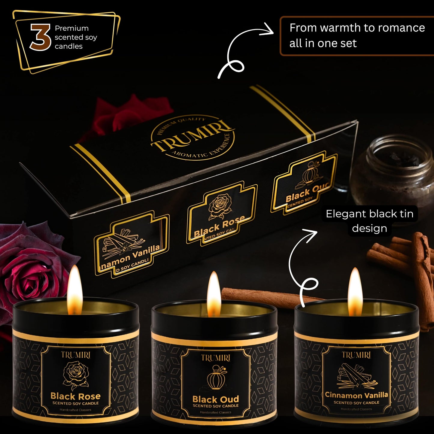Candle Gift Set of 3 Sage Pine|Jasmine|Black Rose Strong Scented Soy Candels Natural Non Toxic Velas Aromáticas Favors for Women Coworkers Friends Guests Also for Fall Diwali Christmas Holidays