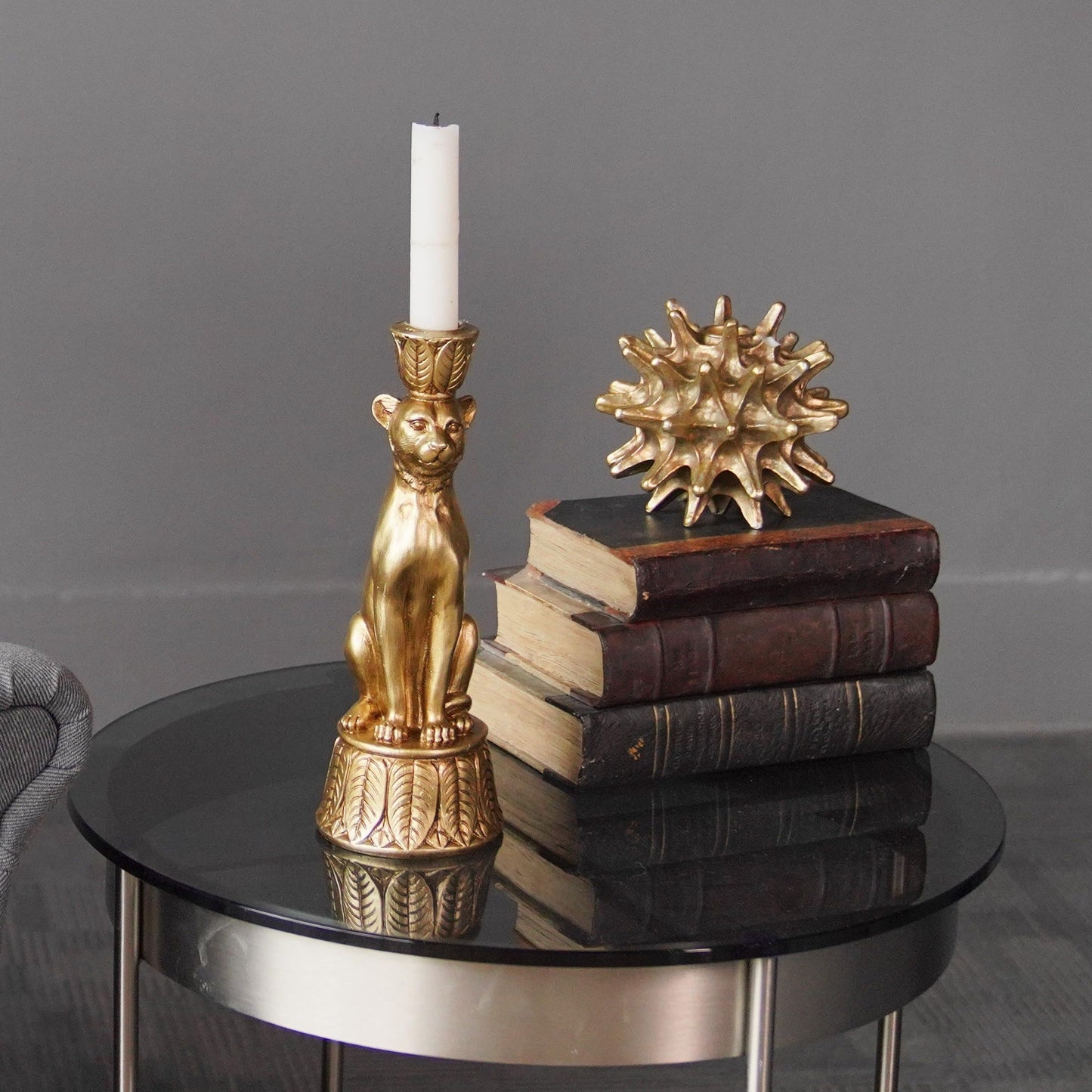 Candle Stick Holder Table Decor - Leopard Resin Modern Golden Candlestick Holder Coffee Table Decor Gold Candle Stand for Living Room 3.25 x 3.25 x 9.25 Inch Guichifun