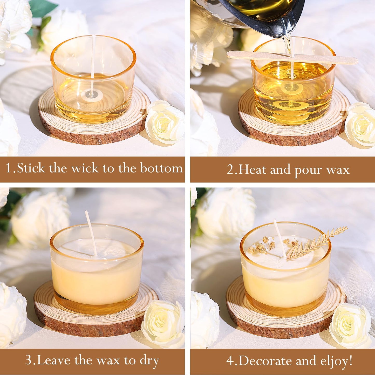 CONNOO 15 Pack 4 OZ Gold Amber Glass Candle Jars with Airtight Bamboo Lids for Making Candles, Bulk Small Wide Mouth Empty Candle Containers with Sticky Warning Labels - Dishwasher Safe, Champagne