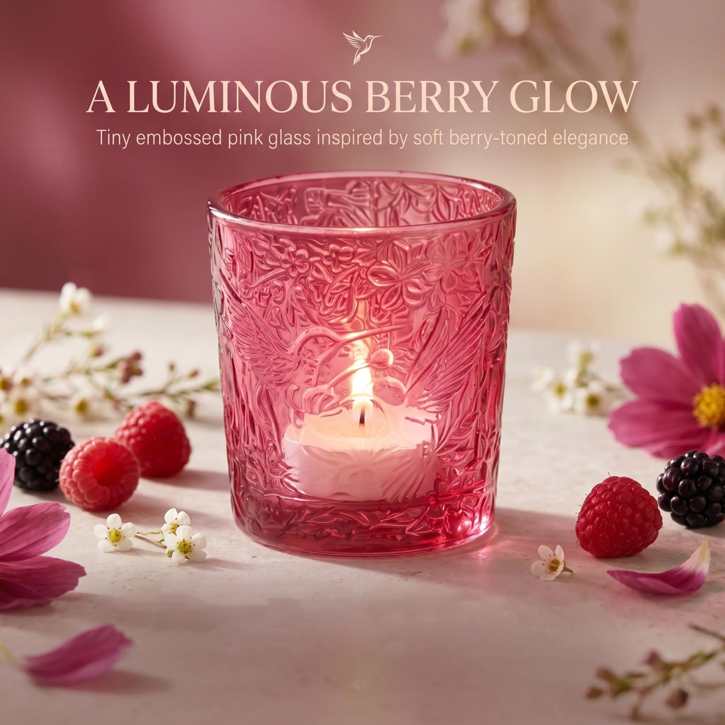 6 Pack Hummingbird Embossed Glass Candle Holders Votive Tealight Holders with Patent Design, Decorative Glass Cups for Wedding Centerpieces, Parties, and Home Decor (Wildberry Red)