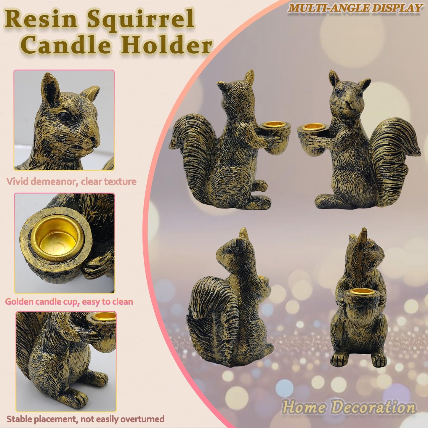 KISWIAR Cute Squirrel Candle Holder, Resin Squirrel Statue, Animal Desktop Candle Holder Figurine Home Decor for Fireplace Bookshelf Garden