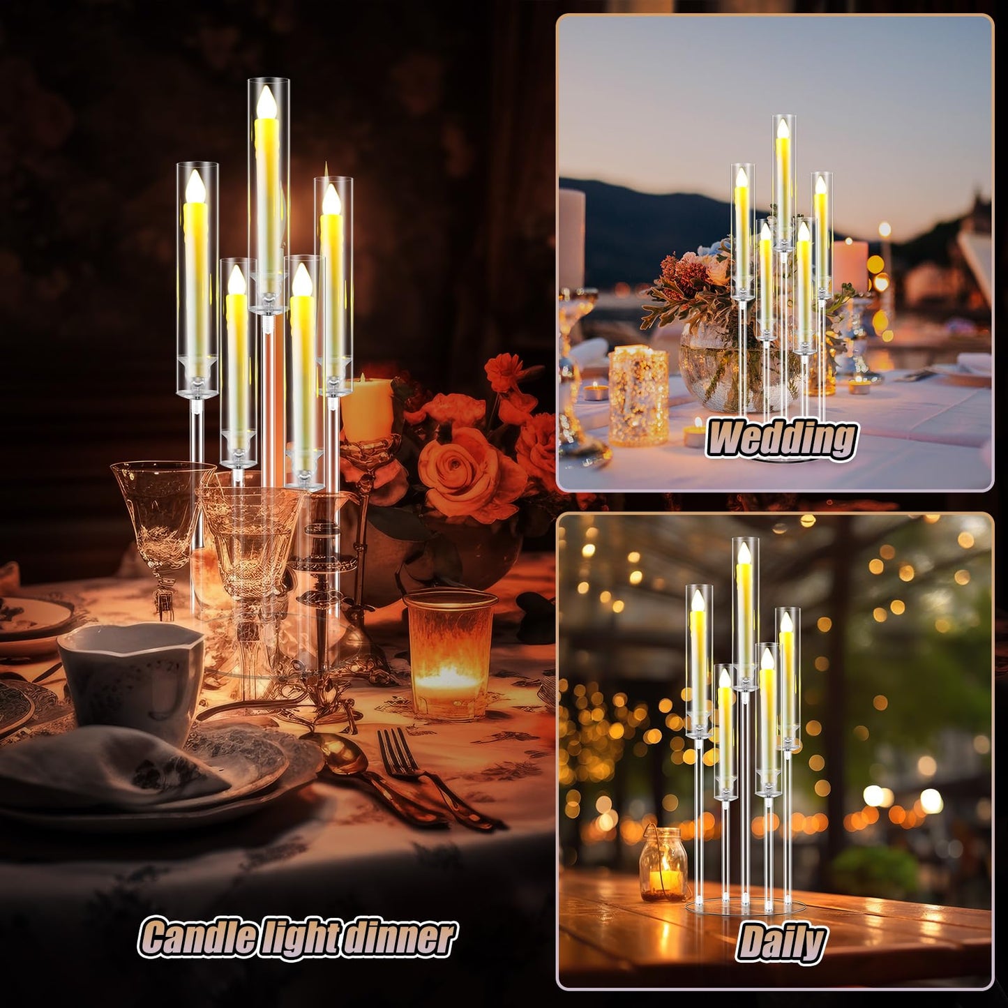FoldTier 8 Sets 5 Arm Acrylic Candelabra Holder for Wedding Table Centerpiece 27inch Tall Floor Clear Candle Centerpieces with LED Candles and Shade for Proposal Ceremony Birthday Party Home Decor