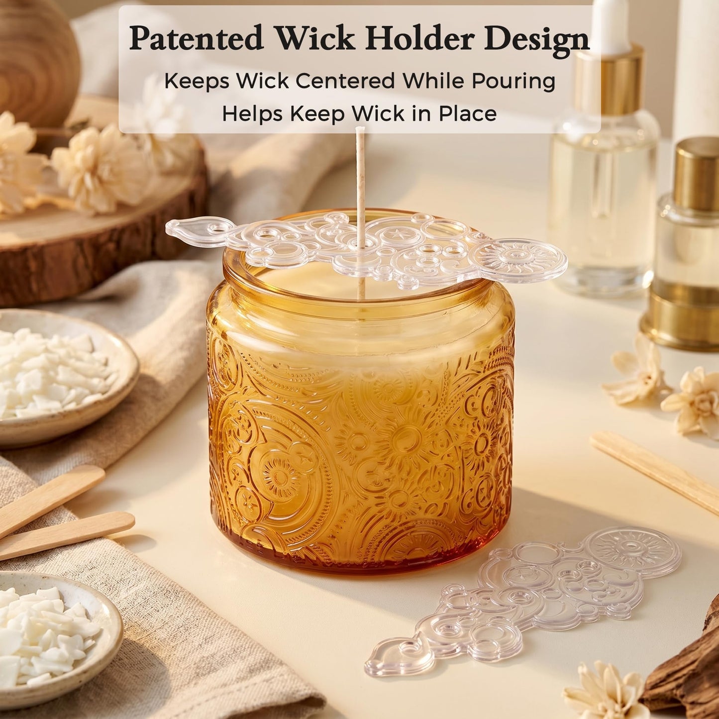 10 oz Embossed Glass Candle Container with Bamboo Lids and Labels, Clear Candle Jars for Making Candles, Sun Moon Stars Design - Pack of 9 (Orange)