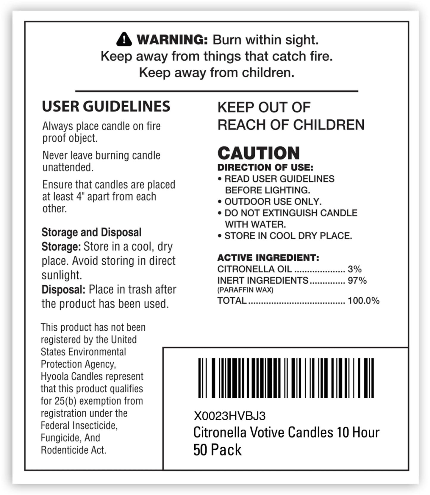 HYOOLA Citronella Votive Candles - 10 Hour Burn Time - 50 Pack, Ideal Bug Repellent Candles, European Made