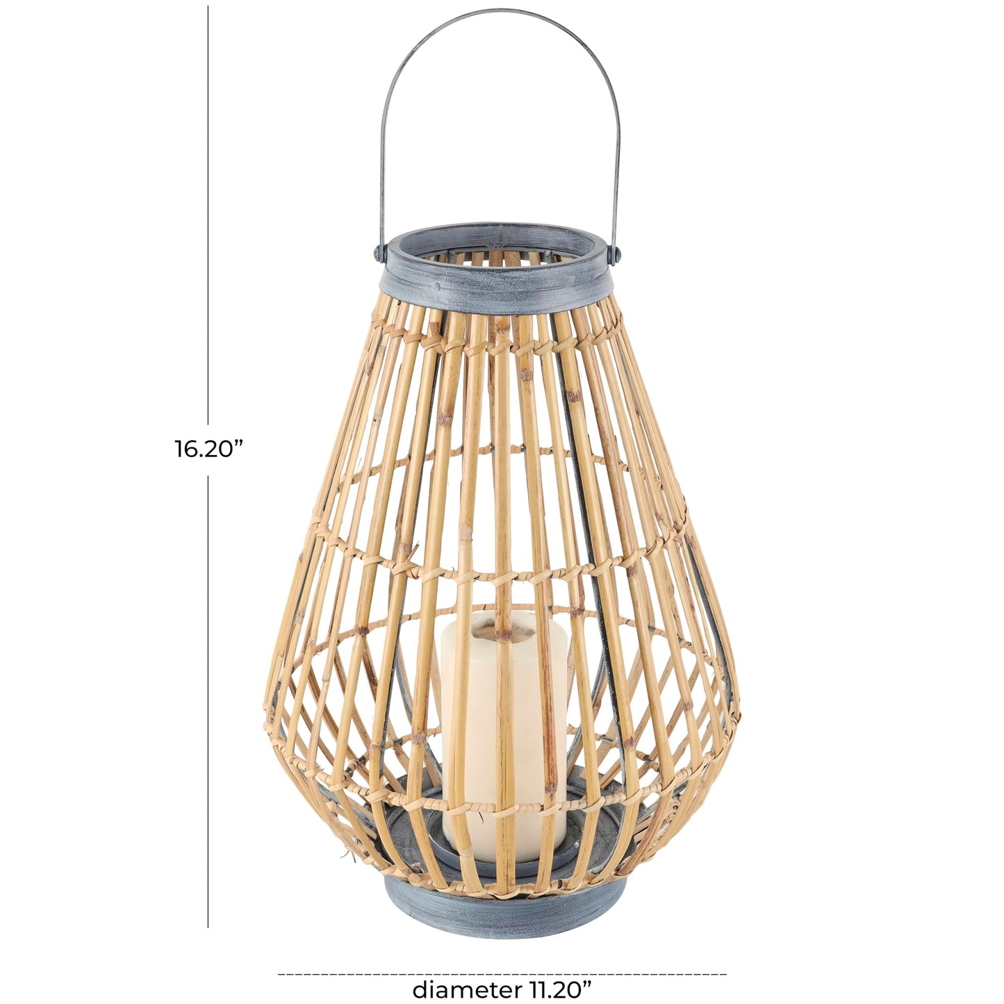 Deco 79 Bamboo Wood Handmade Open Framed Candle Lantern with Blue Metal Accents and Handle, 11" x 11" x 16", Brown