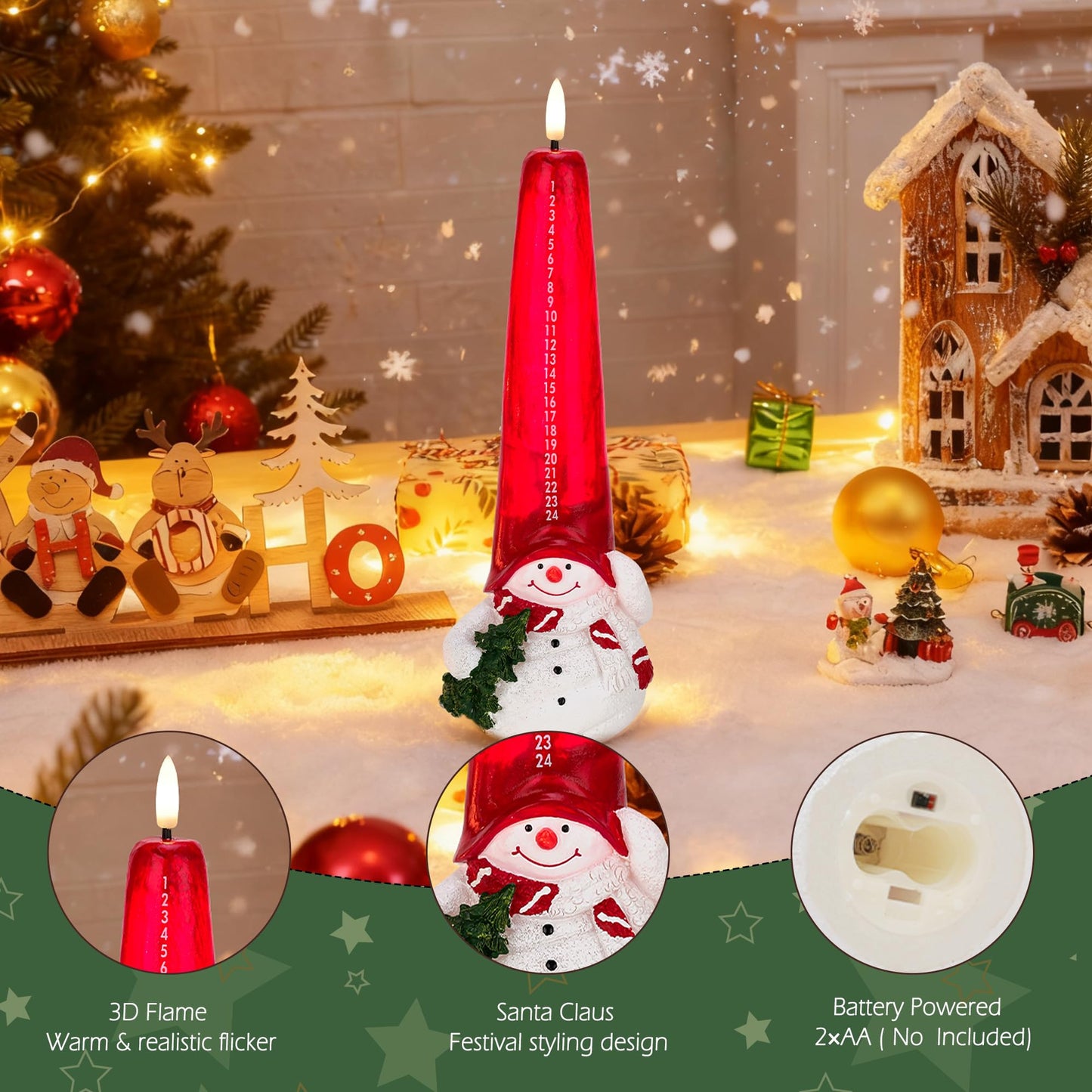 AFINETH Christmas Flameless Candles with Remote, Real Wax Christmas Countdown Candle, Snowman Countdown to Christmas Battery Operated Candles, Xmas Flameless Advent Candles for Table Decor