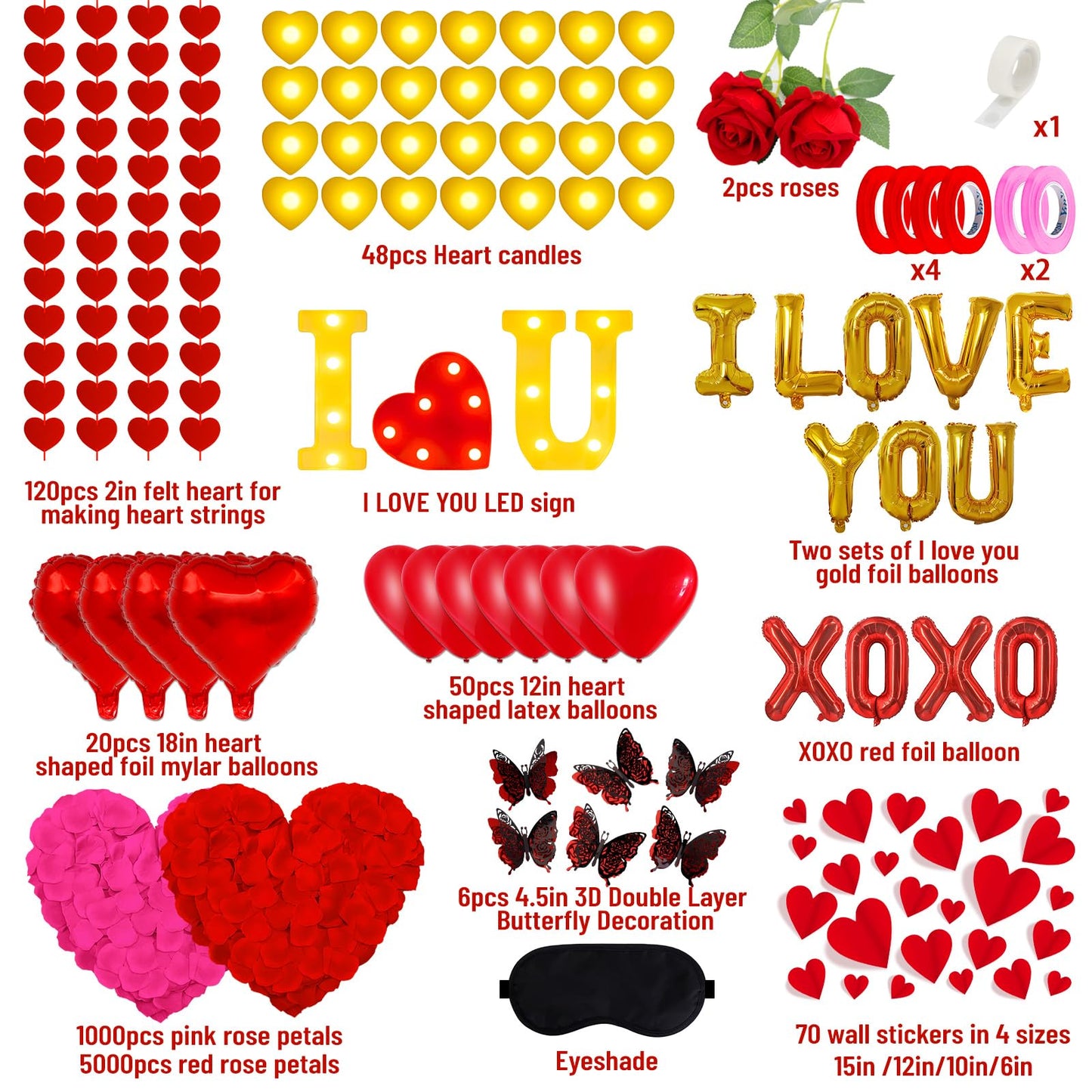 fulasiteu 6347pcs Romantic Rose Petals & Candles Set - 'I LOVE YOU' Letters, 6000 Rose Petals, 48 Heart Candles, Balloons & Decorations for Anniversary, Valentine's Day, Proposal