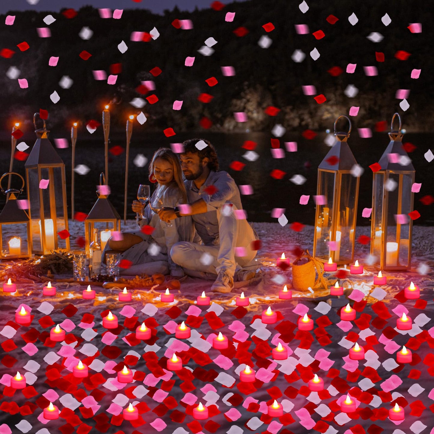 Honoson 1000 Pieces Artificial Rose Petals with 24 Pcs Flameless Heart Shaped LED Tealights Candles Special Romantic Night Decorations for Proposal Wedding Anniversary Table Decor(White with Red)