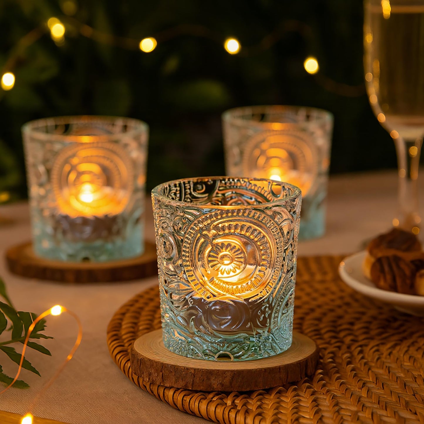 6 Pack Sun Moon Star Embossed Glass Tea Light Candle Holders - Votive Candle Holders for Wedding, Party, Home Decor, and Table Centerpieces (Clear Glass)