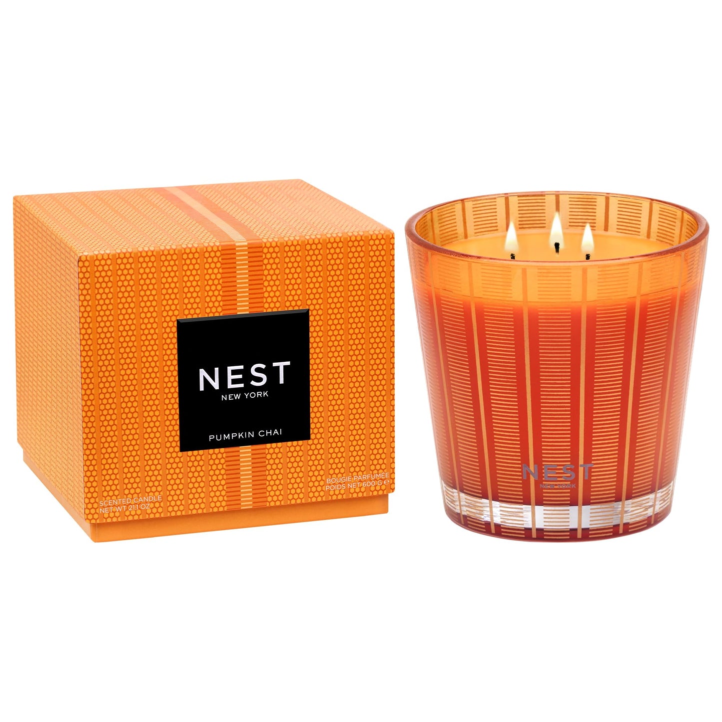 NEST New York Scented Luxury 4-Wick Candle, Pumpkin Chai - 43.7 oz - Up to 120-Hour Burn Time - Reusable Glass Vessel