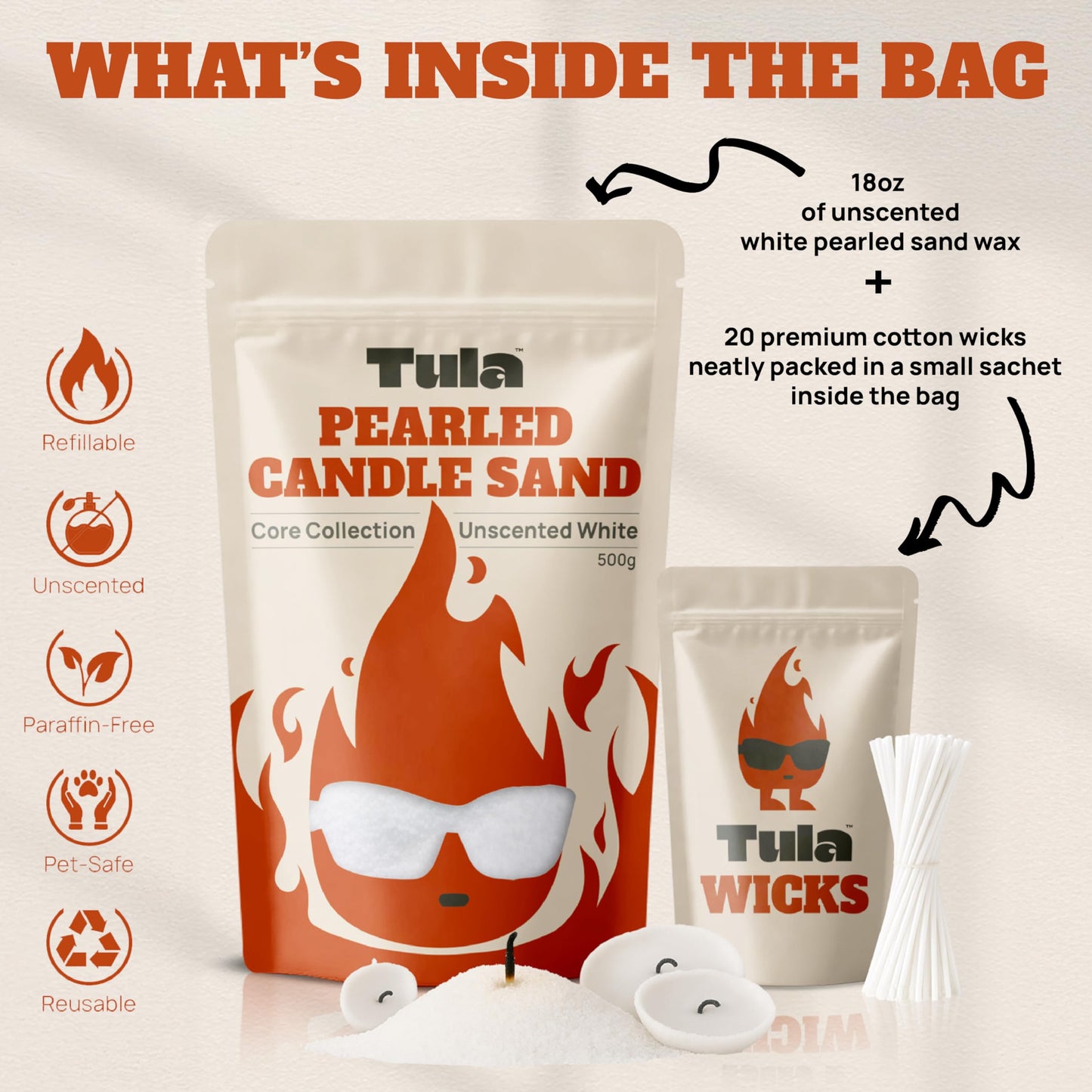 Tula Sand Candles – White Pearled Candle Sand – 18 oz Refillable Soy Wax, Unscented & Paraffin-Free, with 20 Wicks, Pet-Safe for DIY Candle Making & Home Decor