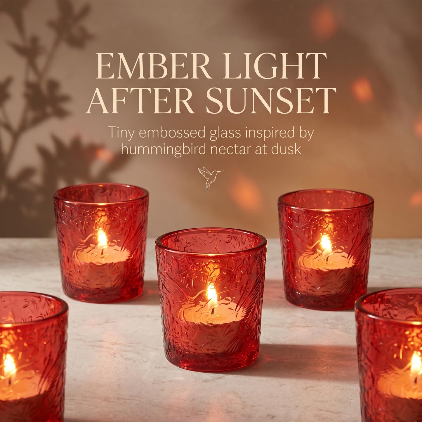 6 Pack Hummingbird Embossed Glass Candle Holders Votive Tealight Holders with Patent Design, Decorative Cups for Wedding Centerpieces, Parties, and Home Decor (Crimson Glow)