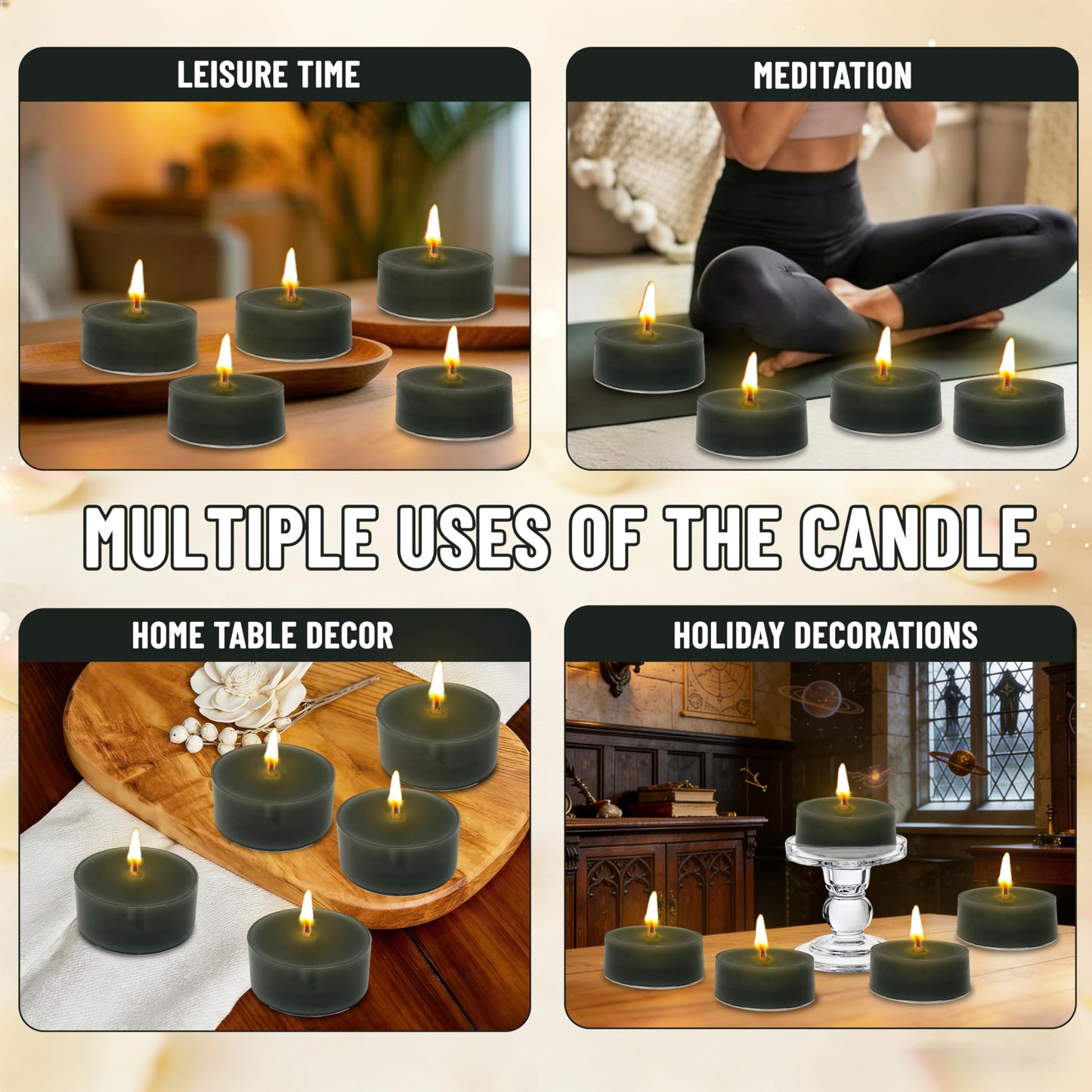 Sandalwood Scented Tea Light Candles 24 Pack Black Hand Poured Smokeless 4 Hours Clean Burning Small Round Clear Cups Tealight Candles for Romantic Dinners Wedding Centerpieces Cozy Evenings