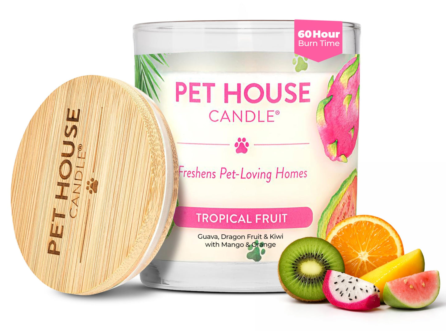 Pet House Candles, Clean Burning, Long Lasting Pet Odor Candles, Plant-Based, 60 Hour Burn Time - Tropical Fruit, 9 oz
