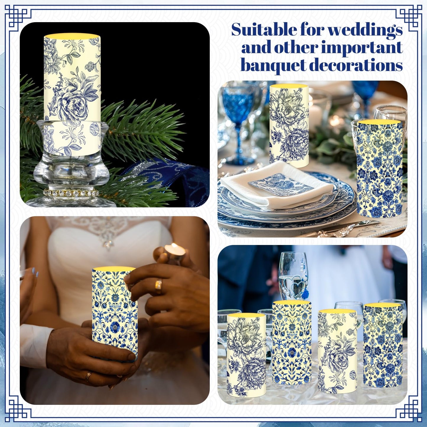 Tiamon 4 Pcs Chinoiserie Flameless Pillar Candles LED Blue and White Porcelain Candles Set Battery Operated Warm Light Flickering Chinoiserie Decor for Wedding Home Table Party Decoration