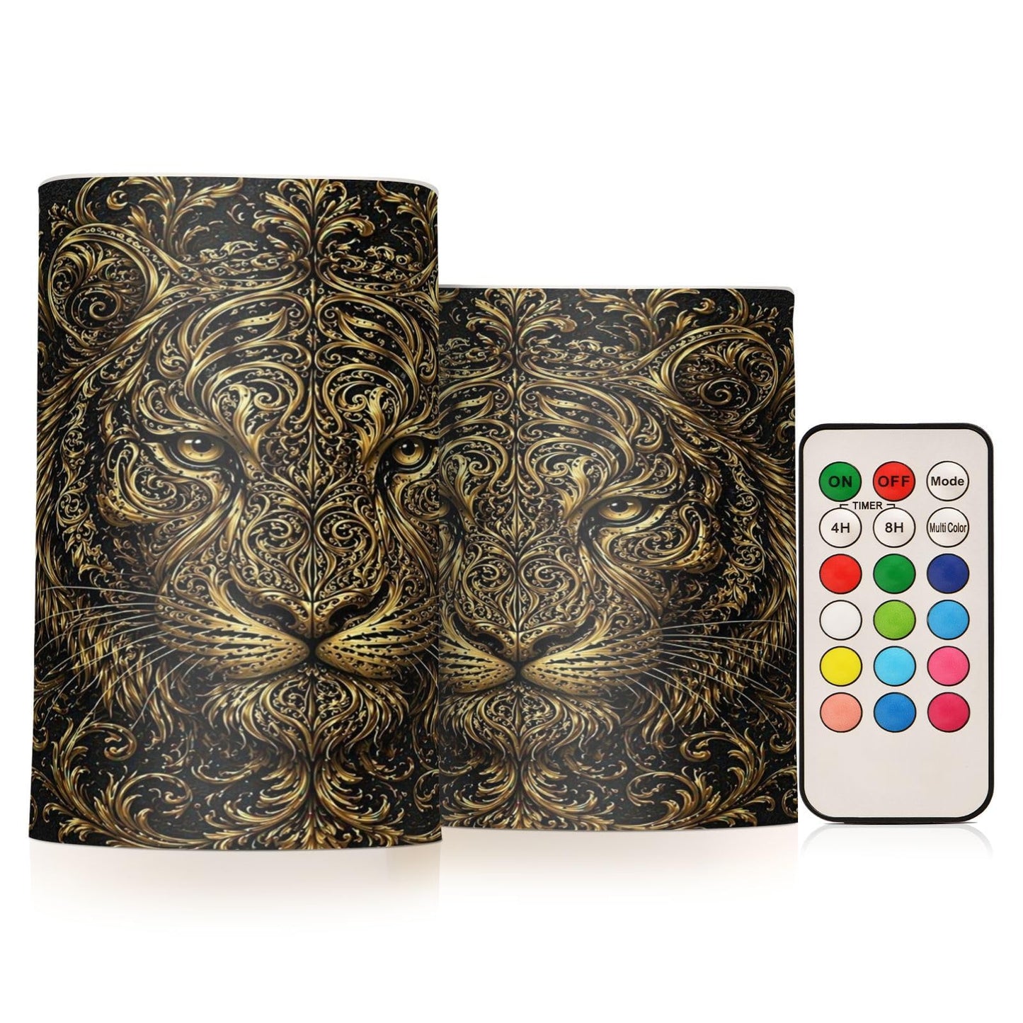 KGLDSNM Golden Lion Art LED Flameless Flickering Candle with Remote Timer Battery Operated for Indoor Outdoor Party Holiday Home Decor 2 Pack