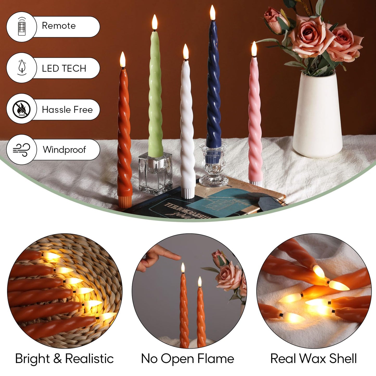 Girimax Orange Flameless Taper Candles with Remote, Spiral Candles Battery Operated, Flickering LED Candlesticks Set of 6