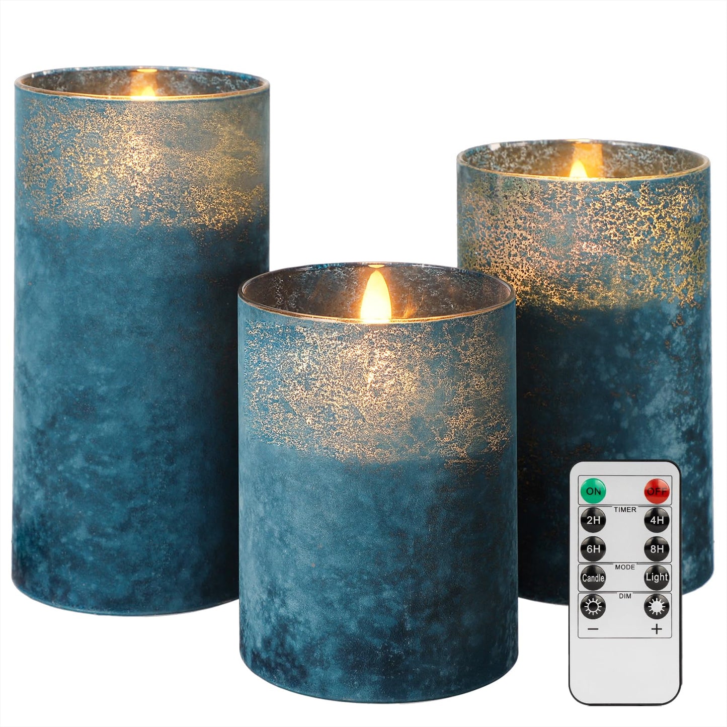 HJANDHJ Blue Flickering Flameless Candles with Remote - Handmade Sandblast Glass Battery Operated LED Pillar Candles for Home/Coastal Theme Wedding Decorations (Set of 3)