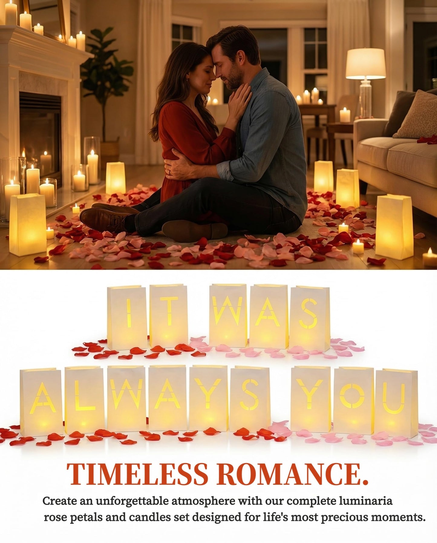 JZLiner It was Always You Light Up Letters Include Romantic Fake Rose Petals and LED Candles Heart Balloons Set Decorations