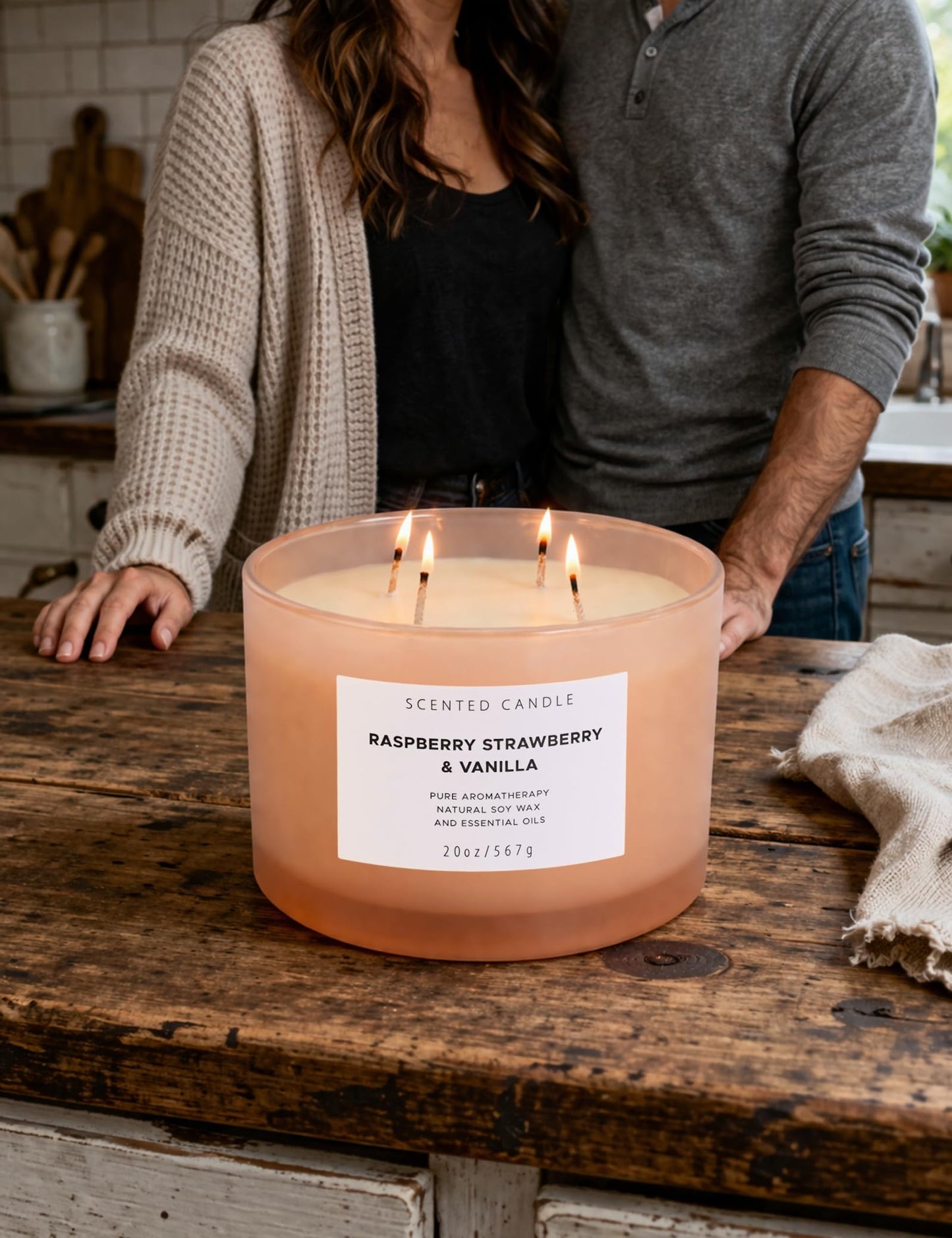 Raspberry Strawberry Vanilla Scented Candle | 4 Wick Extra Large Soy Candle 20 oz | Strong Scented Fruity Aromatherapy Candle for Women | Sweet Berry Vanilla Home Scent | Long Lasting Clean Burn