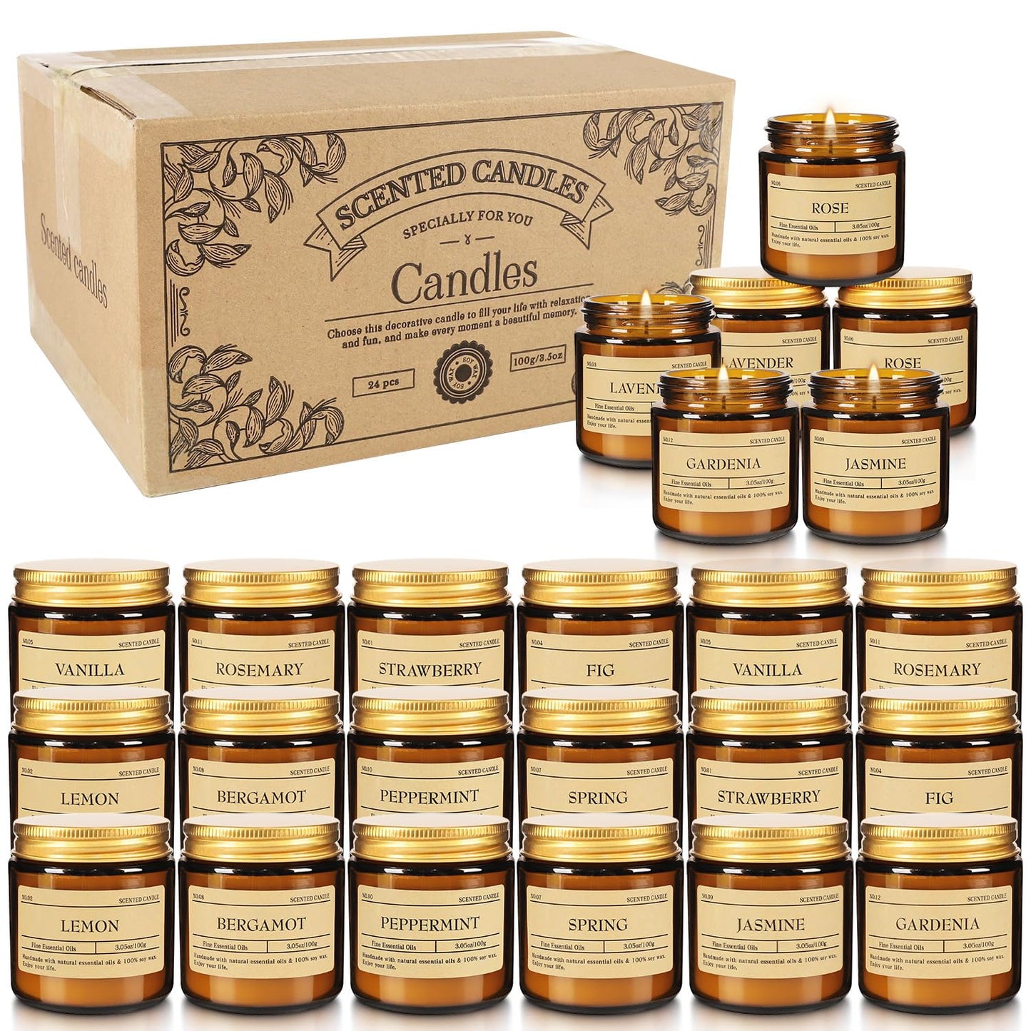 Scented Candle Set 24 Pack, Candle for Home Scented, Odor Eliminating, Stress Relief, Long Lasting Soy Wax Gift Set