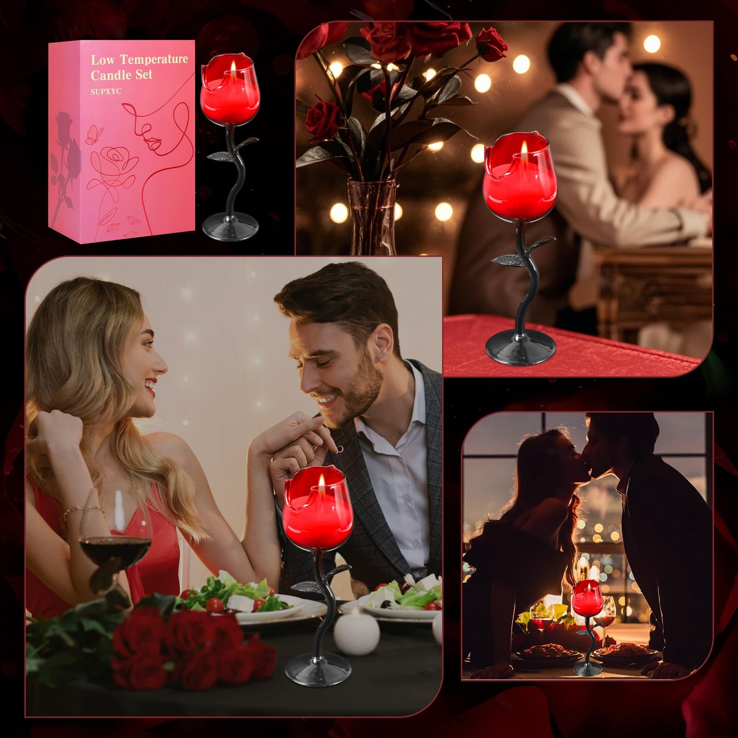 SUPXYC Low Temperature Candle Set, Romantic Valentine's Day Candles, Rose Flower Wine Glasses Candle, Valentine's Day Scented Candle Gift with Scraper Ribbon Roses Petals (Red Rose)
