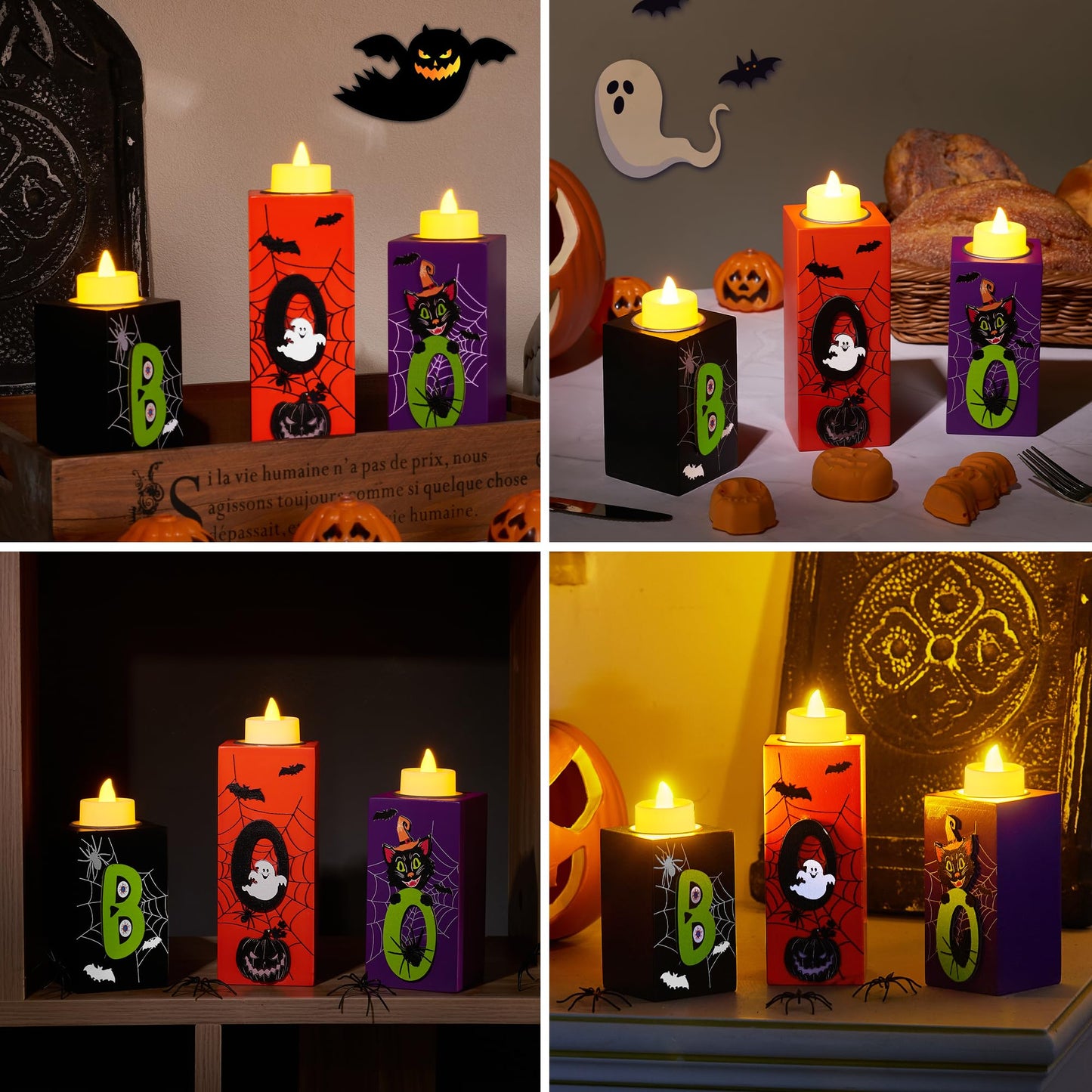 BlcTec Halloween Decorations, 3 PCS Halloween Wood Candle Holders with LED Tea Lights & 3D Carving Craft, Wood Candle Centerpieces for Home, Table, Office, Tiered Tray, Décor, Black Orange Purple