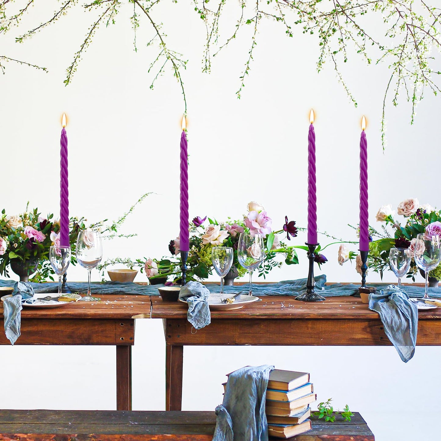 10 Inch Purple Twisted Taper Candles Set for Dinner, Unscented Dripelss Candlesticks for Home Holiday Party Decoration